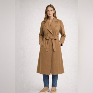Women’s Vintage Camel Trench Coat Minimalist Belted Double Breasted Long Coat LG